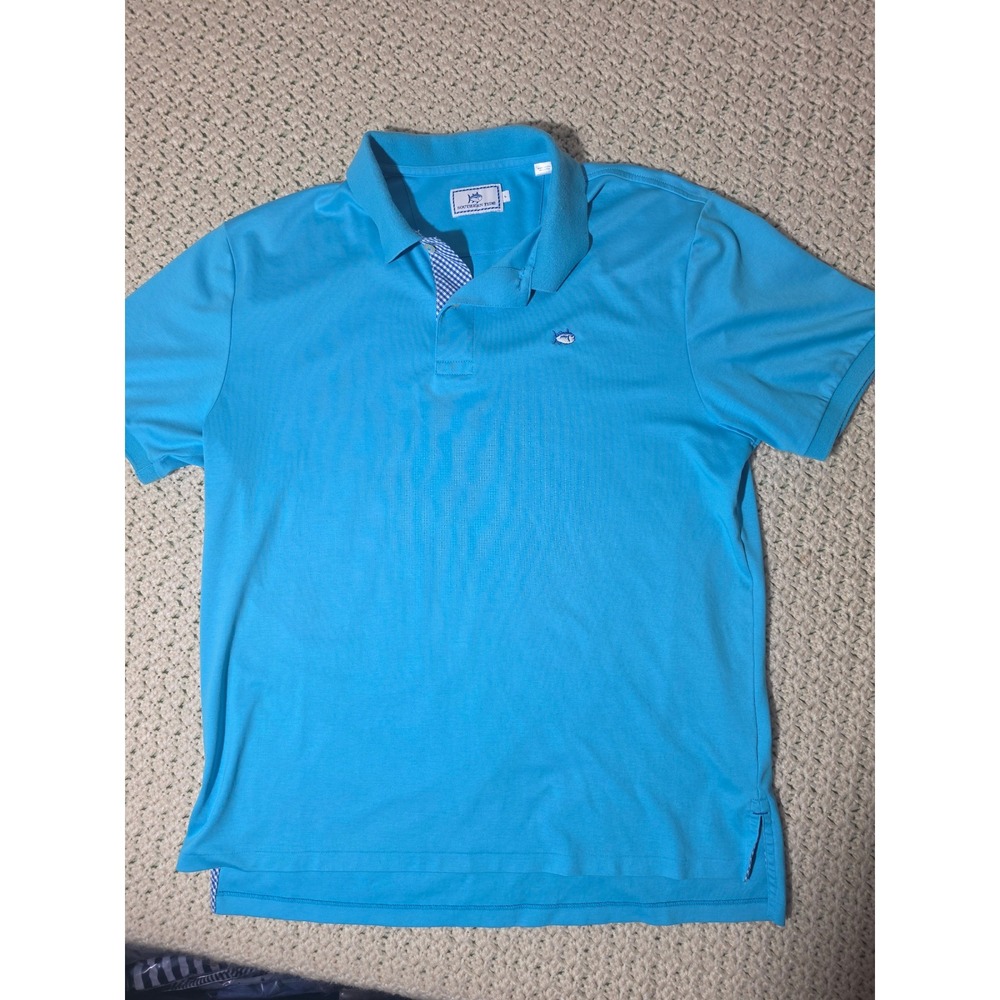 Southern Tide Polo Shirt Mens Large Blue Excellent Short Sleeve Gingham Trim